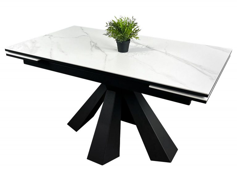 Стол Саен 39 Керамика белая раздвижной 140 x 80 (+30 +30) см Острые углы Опора Чёрная Мир Стульев