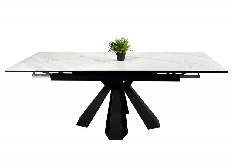 Стол Саен 39 Керамика белая раздвижной 140 x 80 (+30 +30) см Острые углы Опора Чёрная Мир Стульев open 2