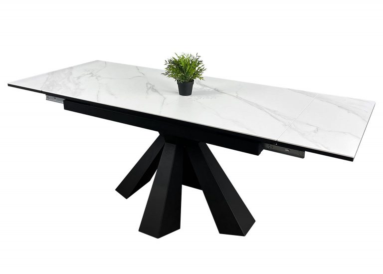 Стол Саен 39 Керамика белая раздвижной 140 x 80 (+30 +30) см Острые углы Опора Чёрная Мир Стульев open